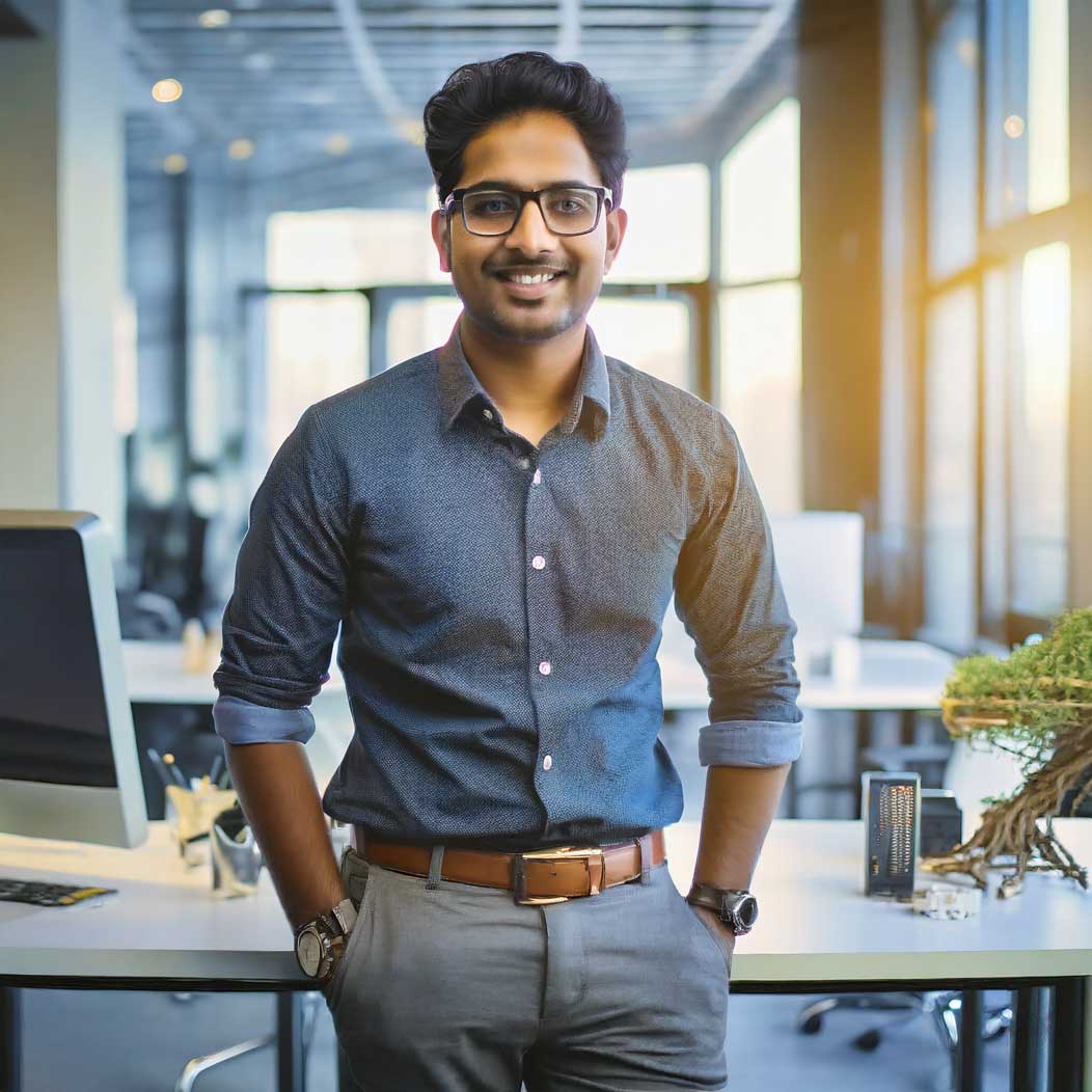 Confident professional standing at his desk in a modern office