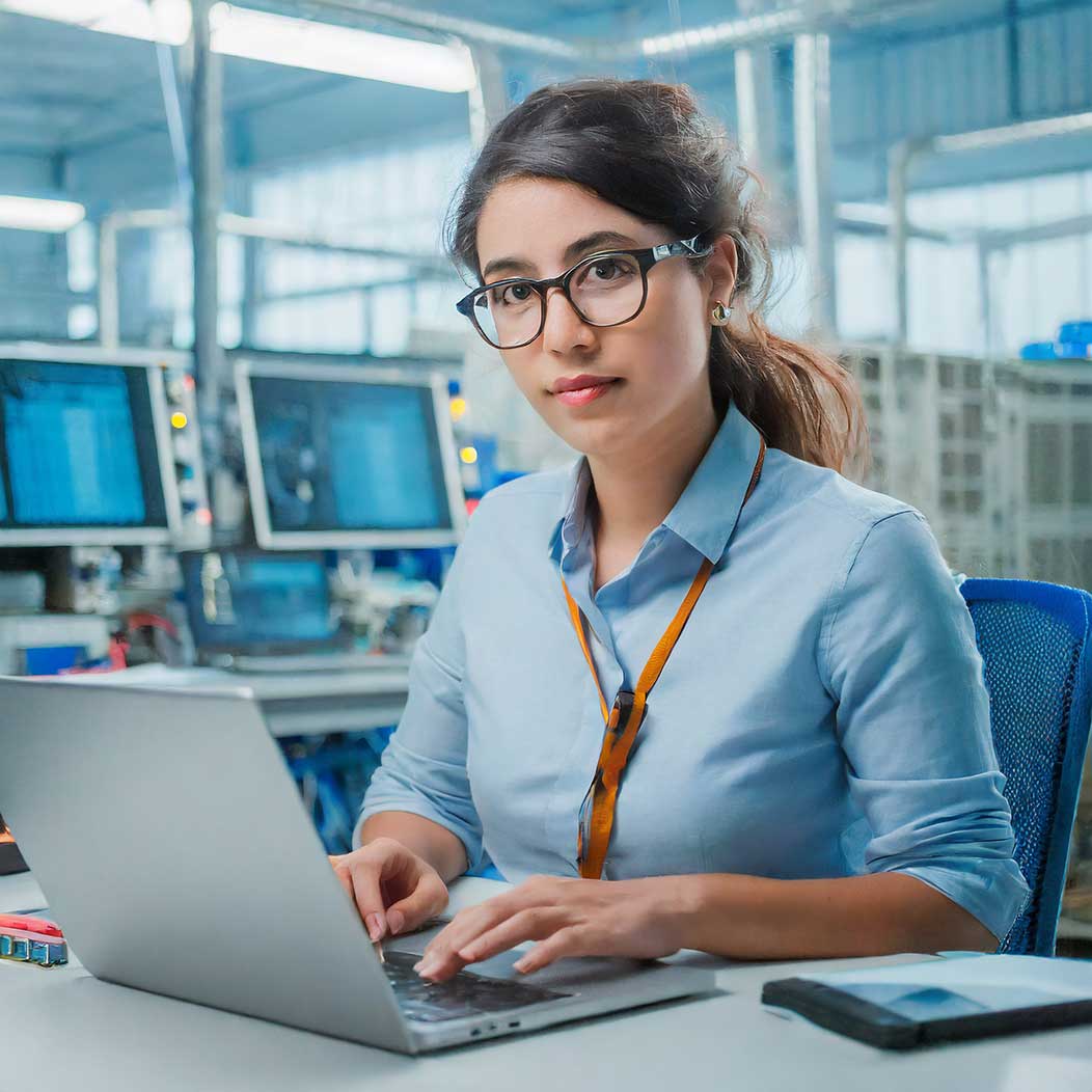 Compliance professional working on a laptop on a factory floor