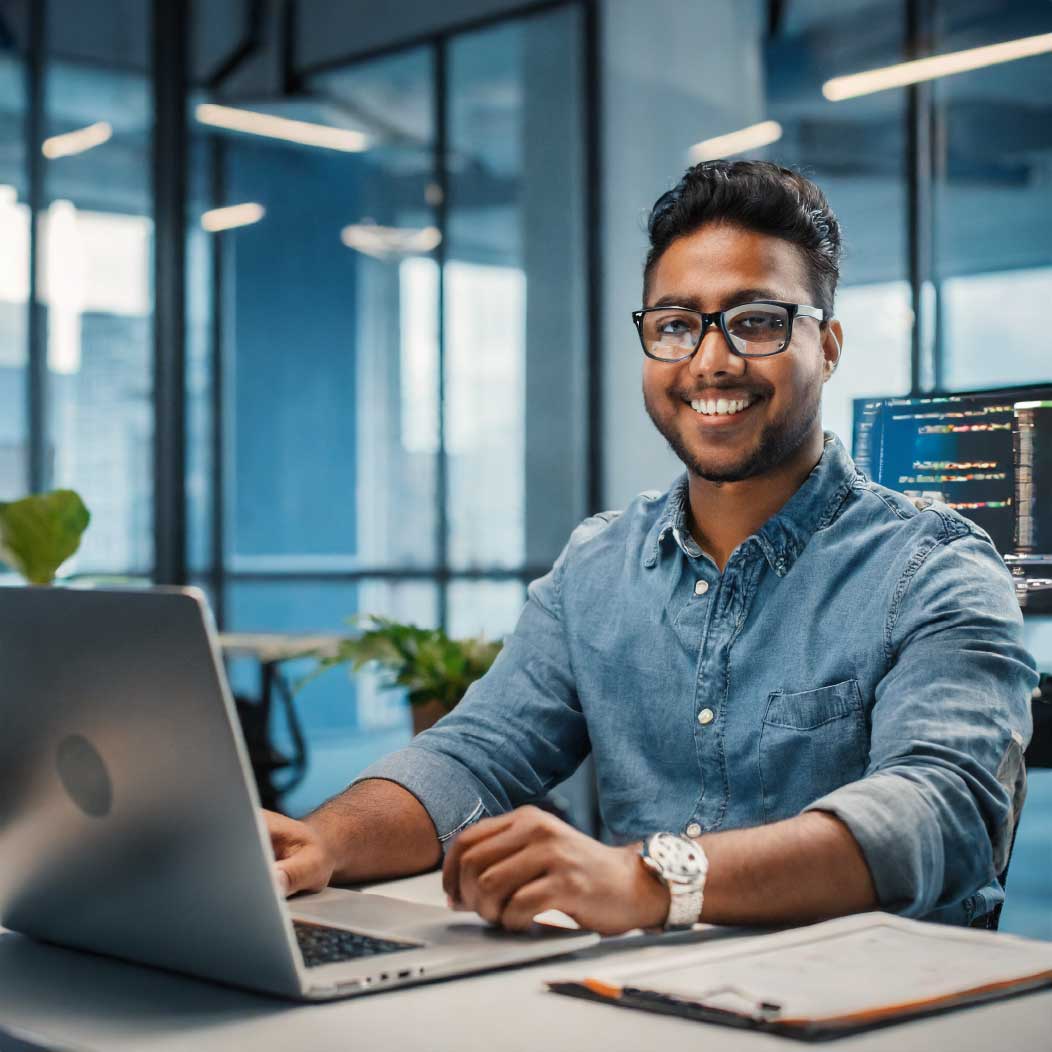 IT professional working on a laptop with code visible on his monitor