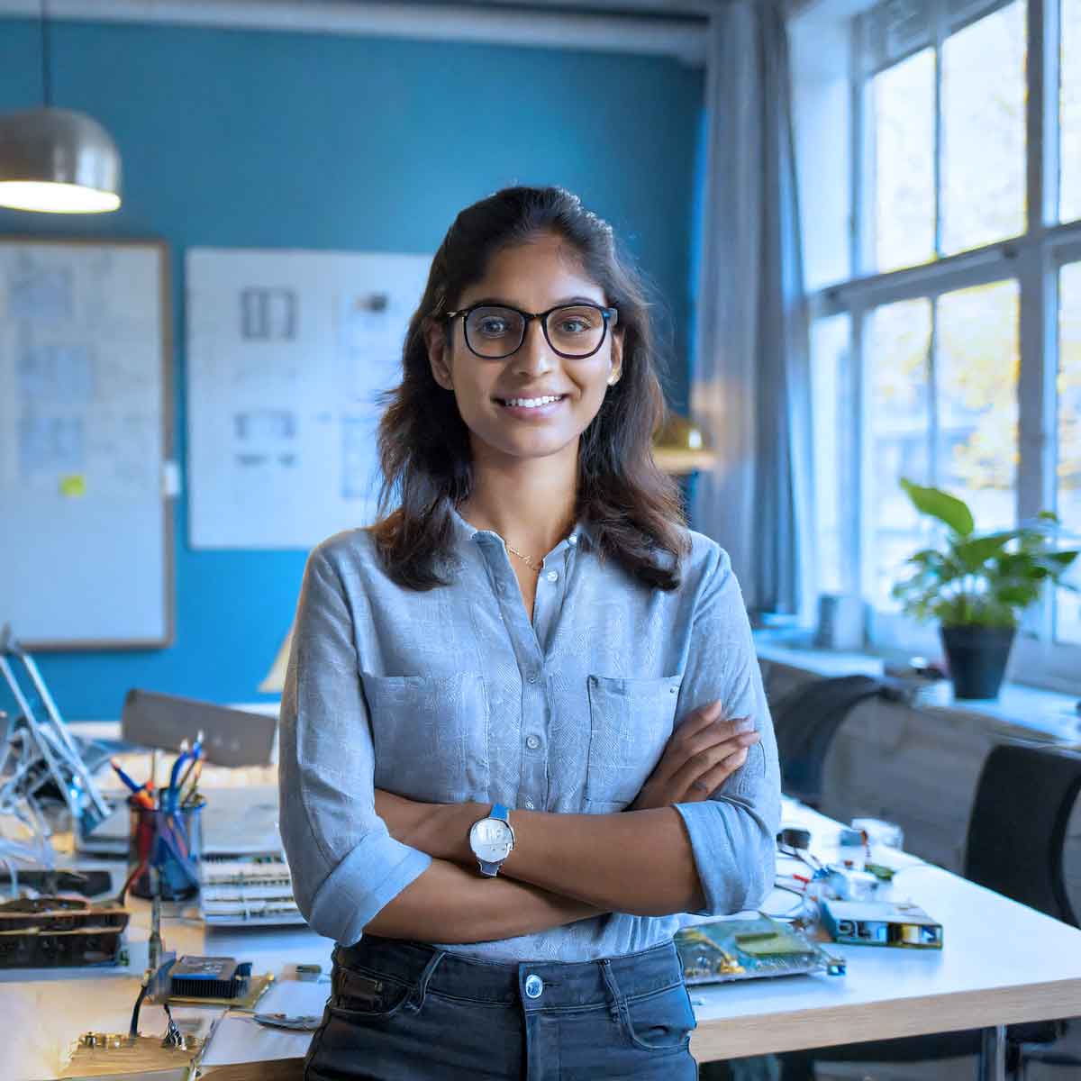 Engineer with arms folded in front of desk